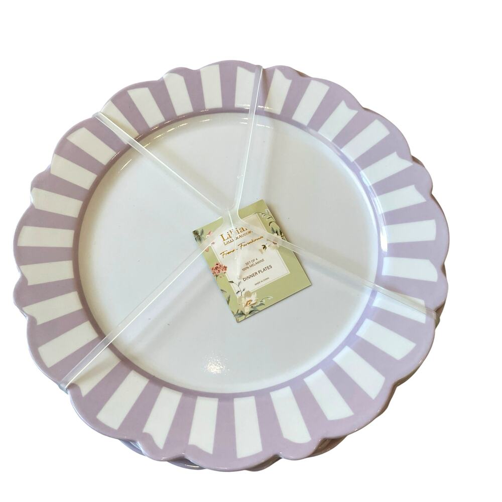 Lillian August Lavender & White Melamine Dinner Plates 11in Set of 4 New